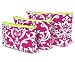 Damask 3 Piece Cosmetic Makeup Bag Set Lime Green Trim / Hot Pink and White
