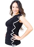 Tight Sexy One Shoulder Top with Slinky Draped Flutter Hem and Grey Piping from Hot Fash Tops - SERPENTINE Black
