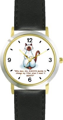 Siamese Cat Cartoon or Comic - JP Animal - WATCHBUDDY® DELUXE TWO-TONE THEME WATCH - Arabic Numbers - Black Leather Strap-Size-Children's Size-Small ( Boy's Size & Girl's Size )