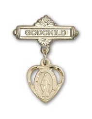 14K Gold Baby Badge with Miraculous Charm and Godchild Badge Pin