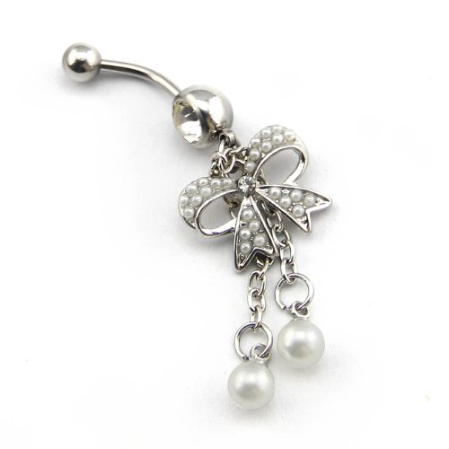 New Fashion 14g Pearl Butterfly with 2-tassel Bowknot Navel Ring Belly Button Bar barbell