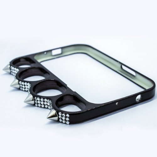 O'plaza® Luxury Rhinestone Punk Style Nail Chrome Electroplating Brass Knuckles Lord of the Rings Frame Knuckle Bumper Case Cover for Iphone 5 5s + Free Accessories Clean Cloth and Phone Clear Protective Film (Black)