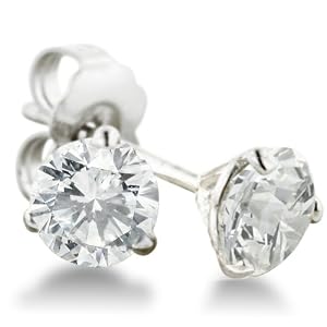 1ct Round Diamond Stud Earrings in 14k White Gold with Martini Setting, HI SI2-I1