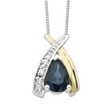S&G Sterling Silver and 14k Yellow Gold Oval Blue Sapphire and Diamond-Accent Pendant (0.01cttw, I-J Color, I3 Clarity), 18
