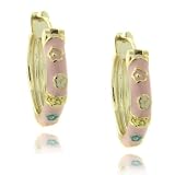 14k Gold Overlay Pink Enamel Multi Flower Design Children's Hoop Earrings