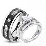 3 Pieces His & Hers, 925 Sterling Silver Rhodium Plated & Titanium Matching Engagement Wedding Bridal Ring Set. AVAILABLE SIZES men's 7,8,9,10,11,12; women's set: 5,6,7,8,9.