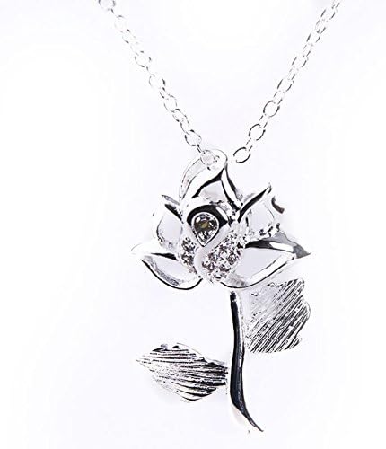 Fashion 925 Sterling Silver Plated Rhinstone Stone Rose Flower Necklace Pendant Valentine's Gift with Box