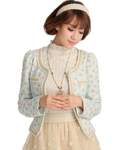 フラワー 花柄 ジャケット 上着 春色 水色 小花 カーディガン はおり ラウンドネック フリル レース 長袖 カジュアル レディース モデル フェミニン ナチュラル コート 春物 T-091