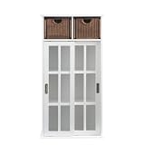 SEI Ferdinan White Media Cabinet with Sliding Doors and 2 Rattan Storage Baskets