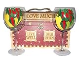 ArtisanStreet's Gift Set of Red Wine Goblets with Matching Carrying Case. 2 Large Red Wine Glasses Feature Red, Green & Yellow Peppers with Caliente Inscribed in Gold Lettering. Hand Painted, One of a Kind, Signed by Artisan