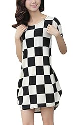 General Print Summer Stretchy Short Sleeves Round Neck Polyester Tunic/Mini Dress 