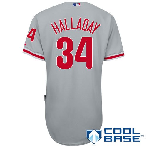 MLB Men's Philadelphia Phillies Roy Halladay Six Button Cool Base Authentic Road Jersey (Road Gray, 40/Medium)