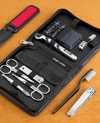 11 Piece Men's Travel BB103 Manicure/Shave Set with Mach 3 Razor in Black Leather Case