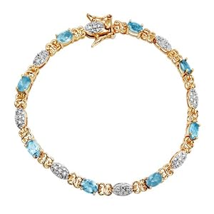 18k Yellow Gold Plated Sterling Silver Blue Topaz and Diamond Bracelet, 7.25 by