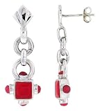 Sterling Silver Oxidized Dangling Earrings, w/ 5mm Square & Four 3mm Round Red Resin, 1 3/8 (35mm) tall