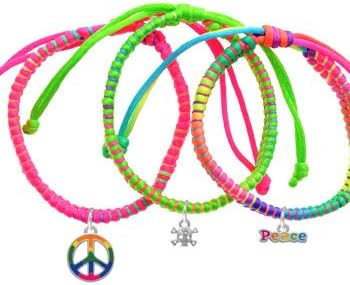Mini Silver Skull and Bones with 3 AB Crystals Neon Peace Macrame Friendship Bracelets (Set of 3)