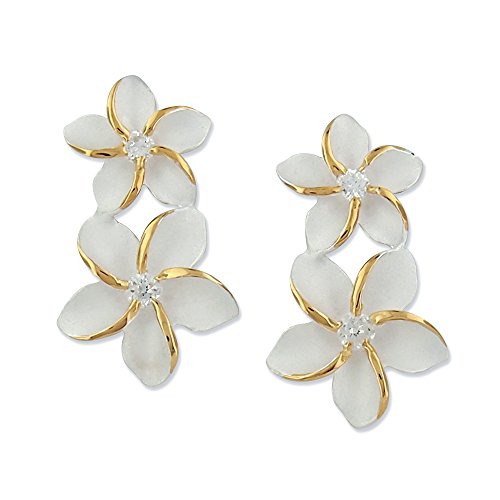 Sterling Silver with 14kt Yellow Gold Plated Accents Double Plumeria Synthetic CZ Drop Earrings