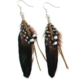 Natural Pleasant Feather w/ Black Dangling Feather Earrings w/ Suede and White/Black Beads - 3-4 Inches Long