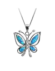 CZ Accented Sterling Silver Butterfly Necklace Pendant with Blue Opal and Box Chain