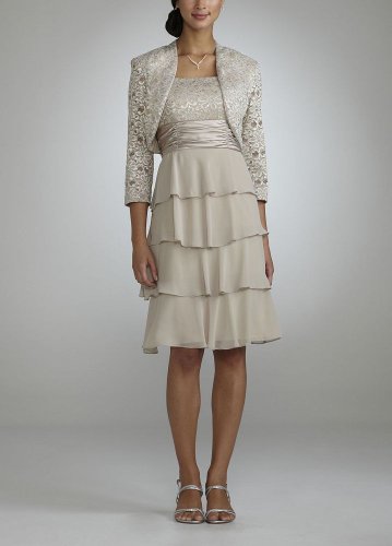 David’s Bridal 3/4 Sleeve Jacket Dress with Tiered Skirt Style 072450