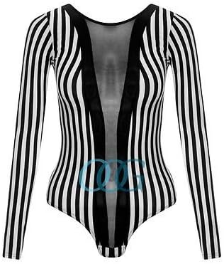 Womens Ladies Sheer Mesh Insert Black White Stripe Bodysuit Leotard Body Top UK 10 / AUS 12 / US 6  Black/White