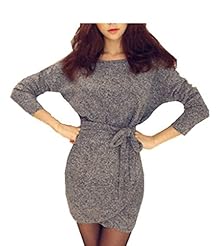 Sexy Cotton Sweater Belted Wrap Plaid Print Long Sleeves Midi Dress/Mini Dress 