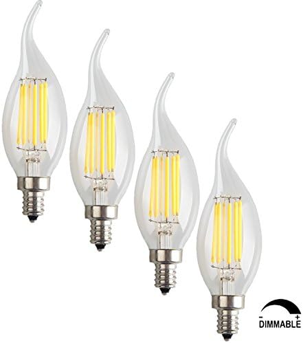 SooFoo E12 Candelabra Base 6W Dimmable COB LED Filament Flame Tip Candle Light Bulb,2700K Warm White 600LM,60W Incandescent Replacement,4 Pack