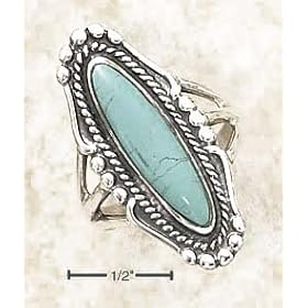 Sterling Silver Long Oval Turquoise Ring Rope Beaded Edging - Size 6.0