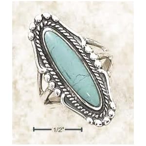 Sterling Silver Long Oval Turquoise Ring Rope Beaded Edging - Size 8.0