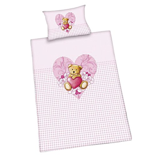 Herding 261734063 Bettw&auml;sche Carola Teddy Herz rosa. 40 x 60 cm + 100 x 135 cm. Biber/Flanell