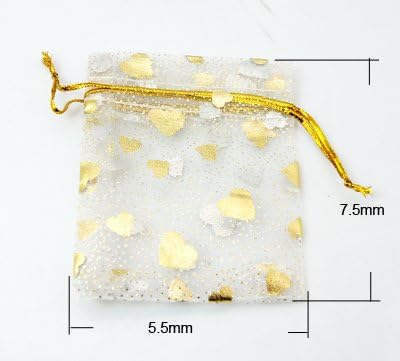 PEPPERLONELY Brand 100PC Gold Heart Printed White Party Favor Drawstring Organza Gift Bags 75x50mm (2.95x2 Inch)