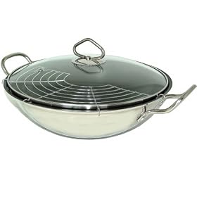Stainless Steel Induction Wok, 2 layer Non Stick Surface, Vented Glass Lid, Encapsulated base, Wire Warming Rack Double Handles - A Beautiful Wok
