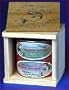 2 can salmon sausage gift box. Beautiful wooden gift box containing both spicy and cajun salmon sausage.