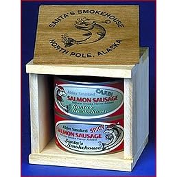 2 can salmon sausage gift box. Beautiful wooden gift box containing both spicy and cajun salmon sausage.