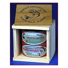 2 can salmon sausage gift box. Beautiful wooden gift box containing both spicy and cajun salmon sausage.