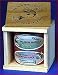 2 can salmon sausage gift box. Beautiful wooden gift box containing both spicy and cajun salmon sausage.