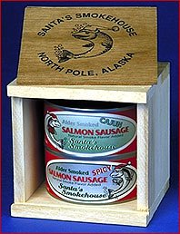 2 can salmon sausage gift box. Beautiful wooden gift box containing both spicy and cajun... by Canned Foods