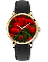SPRAWL Aanalog Fashion Series Gold Ladies Watches of Genuine Black Leather Strap,Unique Wrist Watch for Women Girls Designed with red tulips