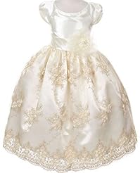 Girls Lace Embroidered Satin Tea Length Flower-Girl Dress 