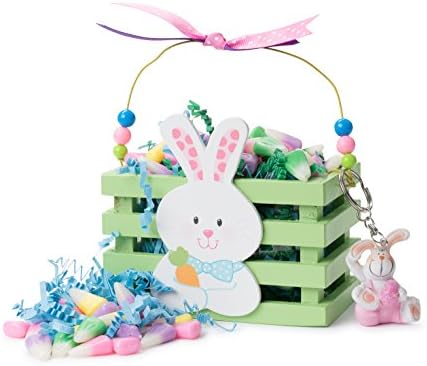 Easter Gift Basket, Beautiful Easter Wooden Mini Crate Filled with Jelly Belly Bunny Corn Pastel Easter Colors with a Novelty Bunny Key Chain, a Classic Gift for Friends and Family. (Green Easter Bunny Crate)