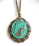 Vintage jewelry peacock long necklace bronze tone UK seller retro kitsch