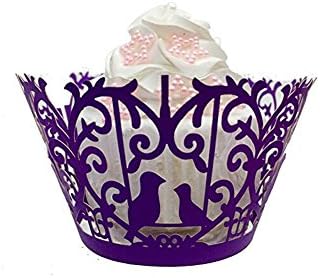 Pack of 60 Birds Filigree Lace Cupcake Wrappers Wraps Liners Wedding Birthday Party Christening Baby Shower Party Cake Decoartion (Purple)