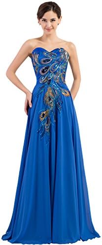 Edith Windsor Women's Strapless Peacock Embroidered Chiffon Evening Dress Large Royal Blue