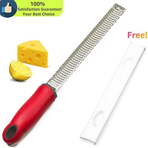 Lemon Zester, GLitzy Cheese Grater With Protective Cover, Premium 18/8 Sharp Stainless Steel Blade, Easy Grip Red Non-Slip Handle, For Nutmeg, Ginger and Juice