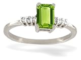 14K White Gold Genuine Emerald-cut Peridot and Diamond Ring
