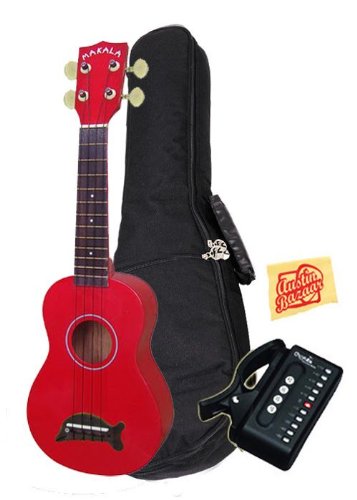 Kala MK-SD-CAR Makala Dolphin Bridge Soprano Ukulele Bundle with Gig Bag, Cherub Tuner, and Polishing Cloth - Candy Apple Red