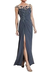 Bateau Neck Draped Applique Slit Chiffon Evening Dress/Prom Dress 