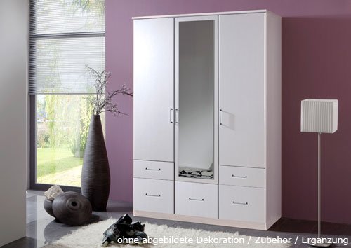 Drehtürenkleiderschrank 3-trg. in Alpinweiß mit 5 Schubkästen, 1 Spiegeltür mittig, Maße: B/H/T/ ca. 135/198/58 cm