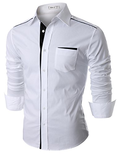 Doublju Mens Casual Pin Stripe Patched Pocket Slim Dress Shirts, Whiteblack, L