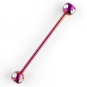 One PVD Stainless Steel Straight Industrial Barbell: 14g 1-1/4" Purple, 5-Stone CZ Balls: 6mm, Clear Gem